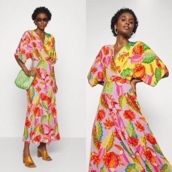 FARM RIO MIXED BEAKS & BANANAS VISCOSE WRAP MAXI DRESS MULTICOLOR SIZE LARGE NEW - Picture 5 of 11